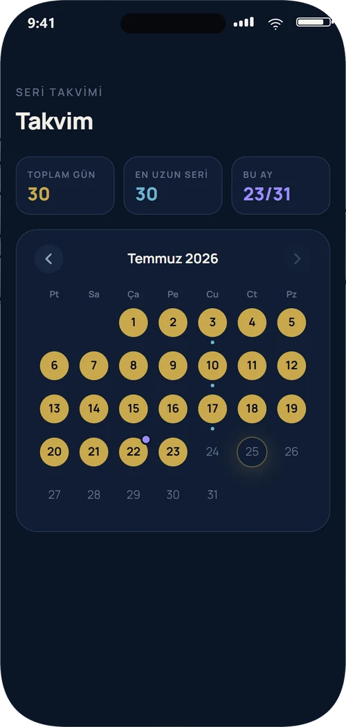 NeuroProtocol HQ Takvim ekranı: kesintisiz seri günleri